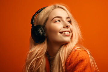 A young blonde woman listening to music in studio.