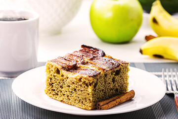 slice of vegan banana cake, organic, typical bakery cake in Brazil made with cinnamon and fruits