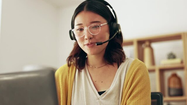 Communication, remote work or friendly woman in call center consulting, speaking or talking at customer support. Happy, crm or Asian consultant in telemarketing or telecom company in a conversation