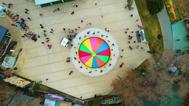 Aerial view of Ferris wheel and carousel on Kok Tobe, Almaty