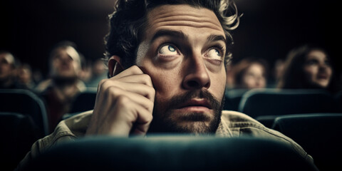 Man in the cinema watching a movie looking at the screen. Generative AI	
