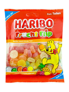 Haribo Frucht Flip Bonbons und Hintergrund transparent PNG cut out