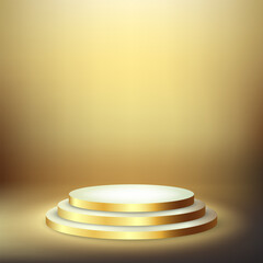 Golden podium with a spotlight on a dark background. First place, fame and popularity. Vector illustration