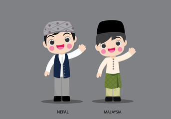 Nepal and Malaysia in national dress vector illustrationa