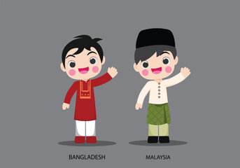 Bangladesh and Malaysia in national dress vector illustrationa