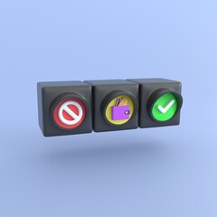 Traffic light 3d render. money icon with stop sign,money wallet and check markfor confirm or approve finance loan and creditbusiness money finance and management realistic cartoon concept.