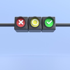 Traffic light 3d render. money icon with correct sign, checkmark and cross symbolfor confirm or approve finance loan and creditbusiness and management realistic cartoon concept.