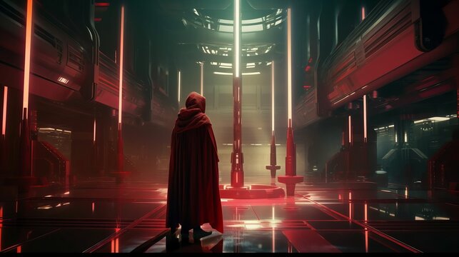 Unidentified Jedi with the red lightsaber in Coruscant planet. Generative AI