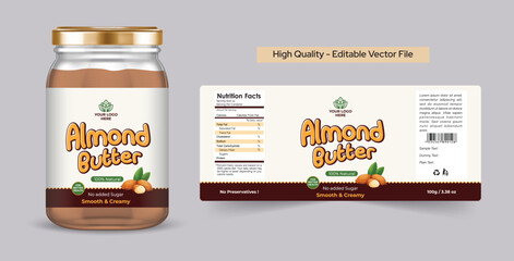 Almond butter label design, Organic Almond butter Jar label Illustration with realistic glass jar mockup. Almond butter logo and label packaging template design editable vector file.