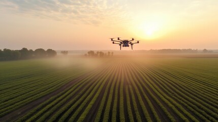 Naklejka na ściany i meble Drone flying and spraying fertilizer on the agriculture fields. Generative AI
