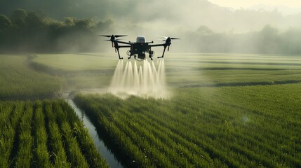 Drone flying and spraying fertilizer on the agriculture fields. Generative AI - obrazy, fototapety, plakaty