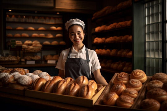A baker seller stands in front of a showcase counter with his freshly baked products. Generative AI