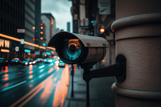 surveillance camera on the streets of the city, metropolis. security and crime tracking. ai generative