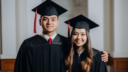 Asian Male and female graduate students in gowns and mortarboards. Generative AI