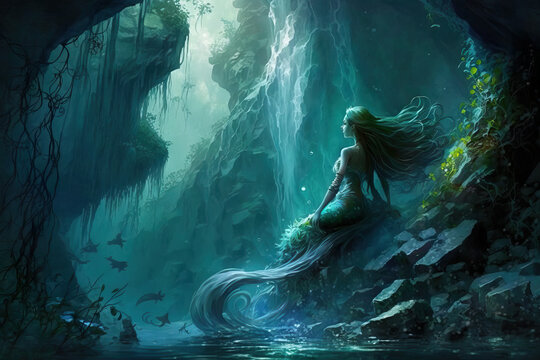 "Enchanting Mermaid in Waterfall Fantasy" Generative AI