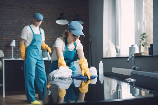 Professional cleaning service team cleans the apartment. Generative AI	
