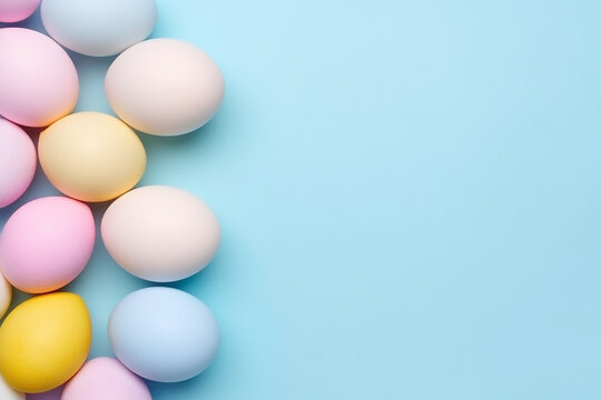 Conceito de festa de Páscoa. Foto de vista superior de orelhas de coelhinho da páscoa branco rosa azul e ovos amarelos em pastel isolado © Alexandre