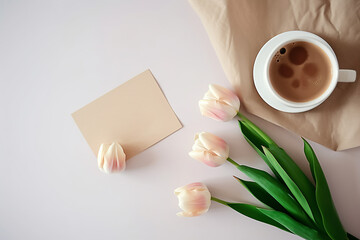 Xícara de café e lindas tulipas sobre fundo  claro, configuração plana. espaço para texto, presente