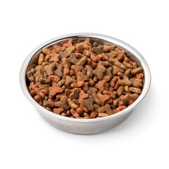 Metal bowl with dry cat food close up isolated on white background