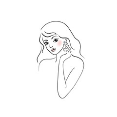 Beautiful young woman with diamond earrings on a white background.Black line female face. Lady head with pink lips.Vector stock illustration.