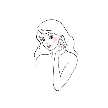 recommend clip art: Beautiful young woman with diamond earrings on a white background.Black line female face. Lady head with pink lips.