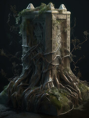 An old and worn gothic ave tangled in the roots of an ancient tree the trunk engulfing its hidden secrets. Gothic art. AI generation.