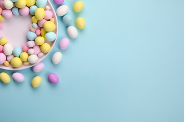 Conceito de festa de Páscoa. Foto de vista superior de orelhas de coelhinho da páscoa ovos azuis rosa e amarelos em fundo azul pastel isolado com copyspace no meio