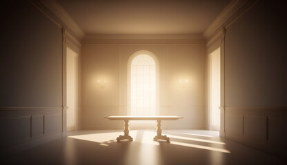 Majestic white room with table for product placement created with Generative AI