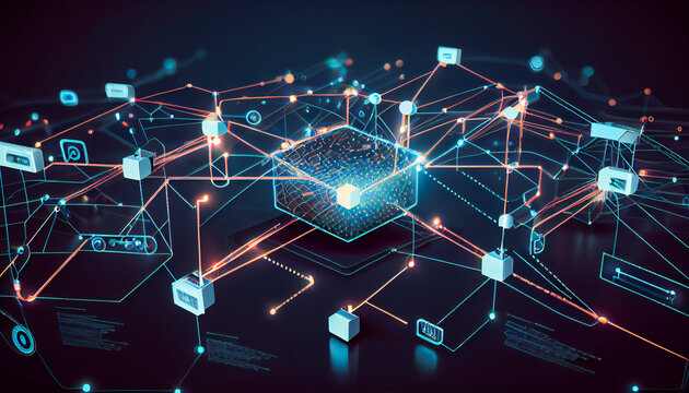 A graphical representation of a connected IoT network, with various nodes, devices, and connections.  Generative AI.