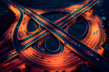 Aerial view of massive highway traffic intersection at night. Generative AI