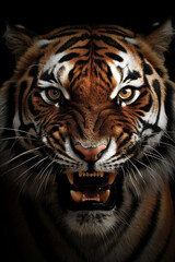 Fototapeta na wymiar Close up portrait of an angry roaring bengal tiger isolated on black background. Generative Ai