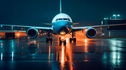 Nighttime Preparations. A Boeing Aircraft Readies for Takeoff. Generative AI