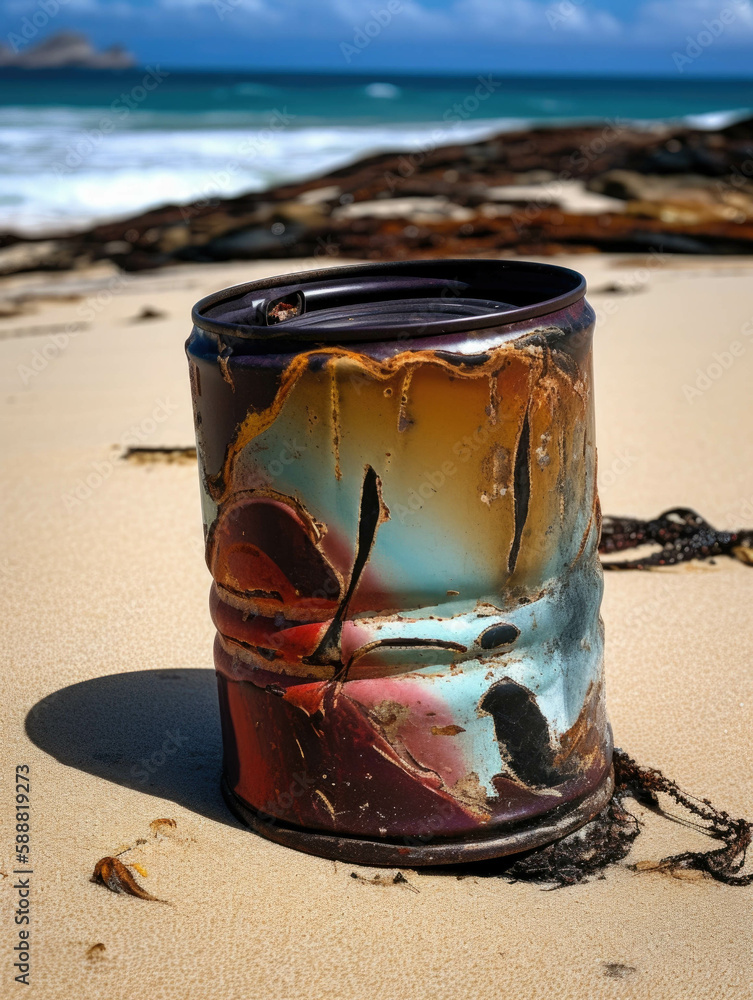 Poster an empty paint can partially crushed and rusted on the beach.. ai generation.