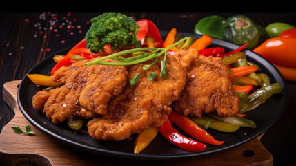 Fototapeta premium fried meat with vegetables and herbs sauce. Generative AI