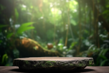Obraz premium Mesa de pedra vazia para exibição de publicidade de produtos em fundo de desfoque de selva verde fresca. Admirável