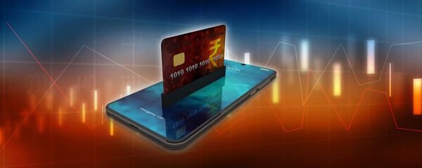 3d rendering  credit or debit card WITH mobile phone near indian rupee
