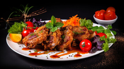 Fototapeta premium fried meat with vegetables and herbs sauce. Generative AI