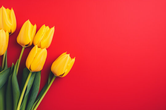 Esvazie o fundo carmim brilhante s&oacute;lido limpo com flores frescas de tulipa amarela e espa&ccedil;o de c&oacute;pia. Modelo de cart&atilde;o horizontal de f&eacute;rias de primavera