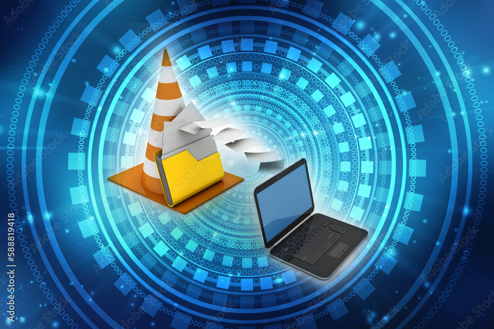 Poster 3d rendering folder connected to laptop sharing document with traffic cone