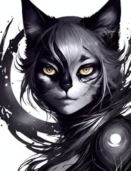 Bellissimo gatto Bianco, Nero e Grigio, sfondo astratto, occhi da gatto, Catwoman
