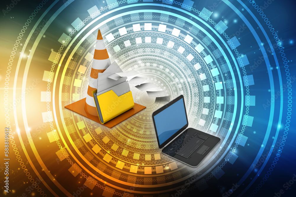 Poster 3d rendering folder connected to laptop sharing document with traffic cone