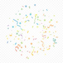 Pastel Colorful Confetti And Ribbon Falling On Transparent Background. Vector Illustration