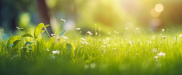 A fresh spring sunny garden background of green grass - obrazy, fototapety, plakaty