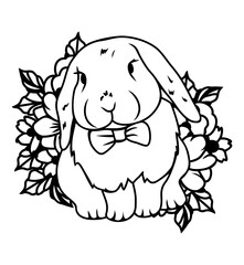 Cute bunny with flowers, easter bunny icon, cute pet. Forest animal. Vector illustration