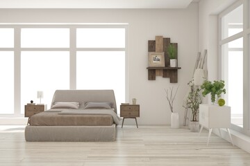 Fototapeta premium White bedroom concept. Scandinavian interior design. 3D illustration