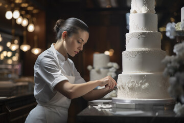 Woman confectioner decorates a big festive white cake. Generative AI