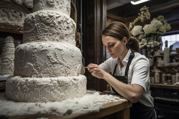 Woman confectioner decorates a big festive white cake. Generative AI