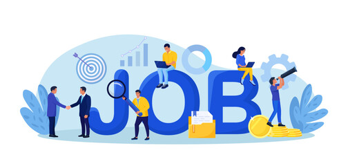 Employees looking for job. Unemployed people using magnifying glass, binoculars searching vacancy, job opportunities.  Unemployment. Career, find opportunity, work position. Online recruitment service