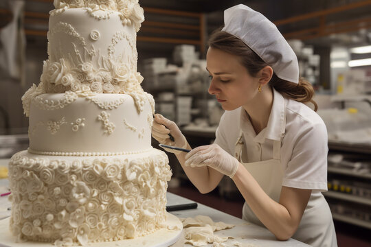 Woman confectioner decorates a big festive white cake. generative AI