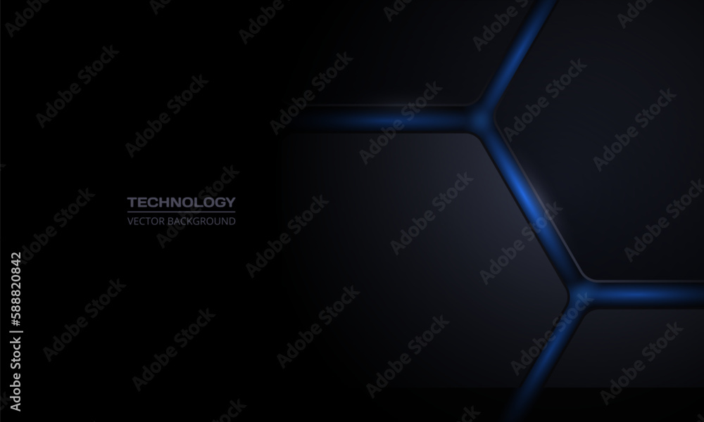 Poster Black 3D vector hexagonal technology abstract background. Abstract modern technology futuristic background with black 3D honeycomb shapes and blue flashes under hexagon. Vector illustration